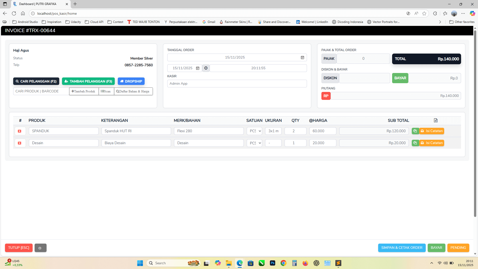 Dashboard POS Percetakan
